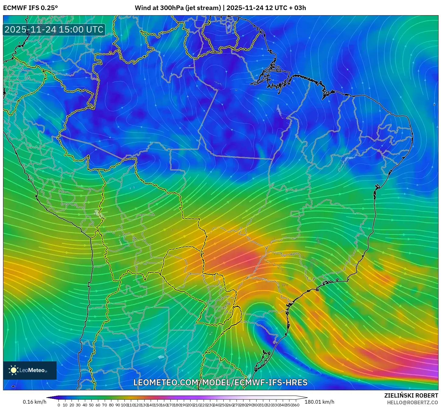 ECMWF IFS 0.25° model - Brazil, Wind at 300hPa (jet stream)