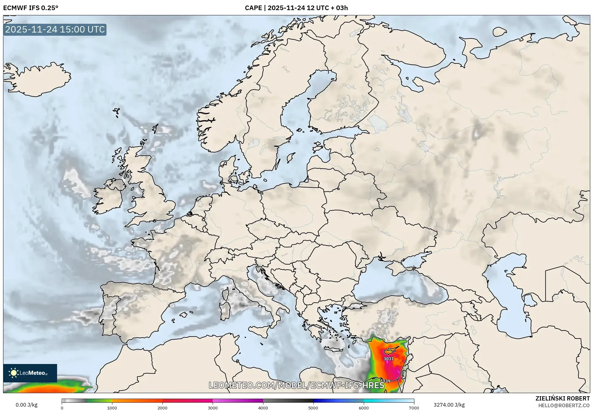 ECMWF IFS 0.25° model - Europe, CAPE