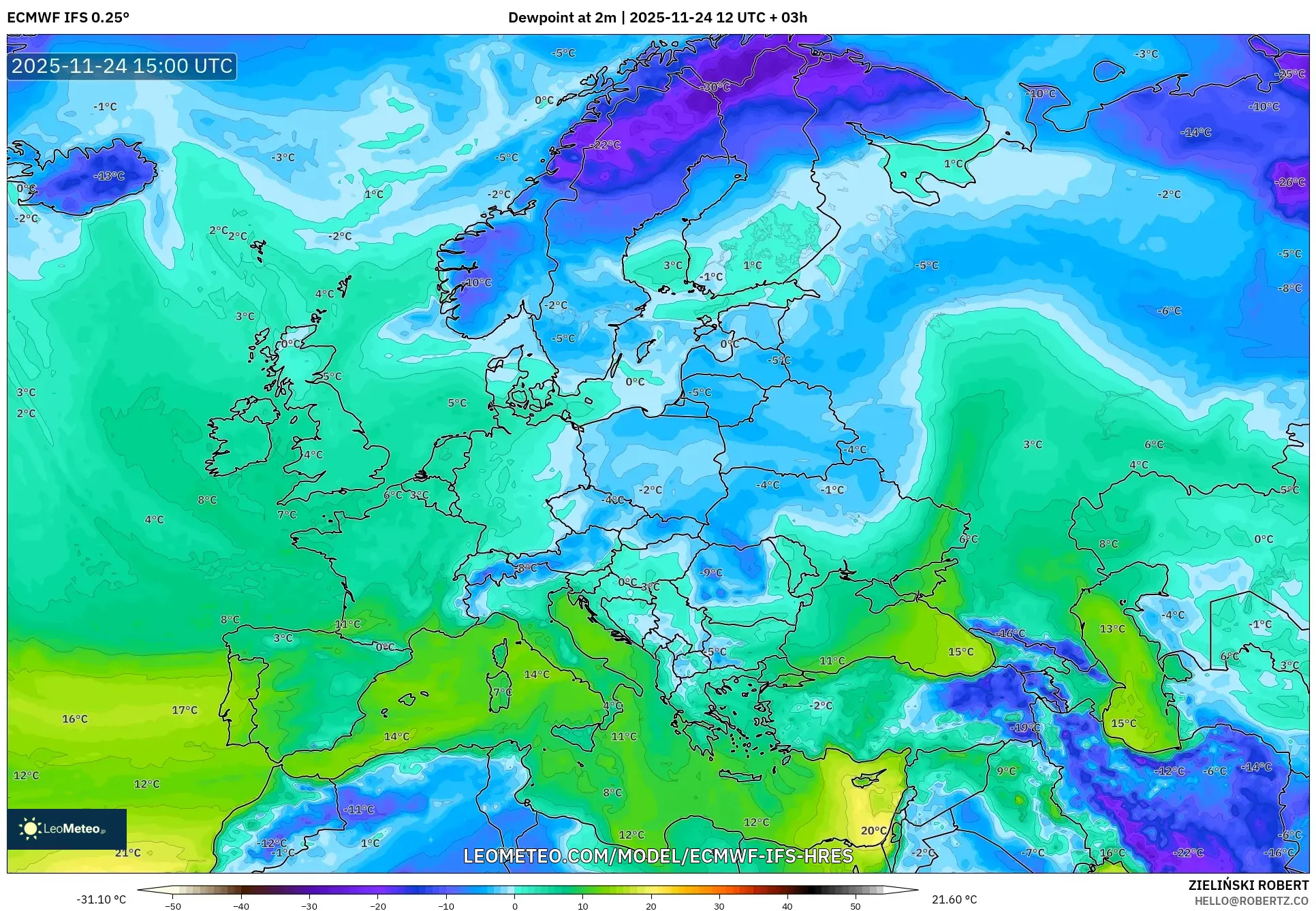 ECMWF IFS 0.25° model - Europe, Dewpoint at 2m