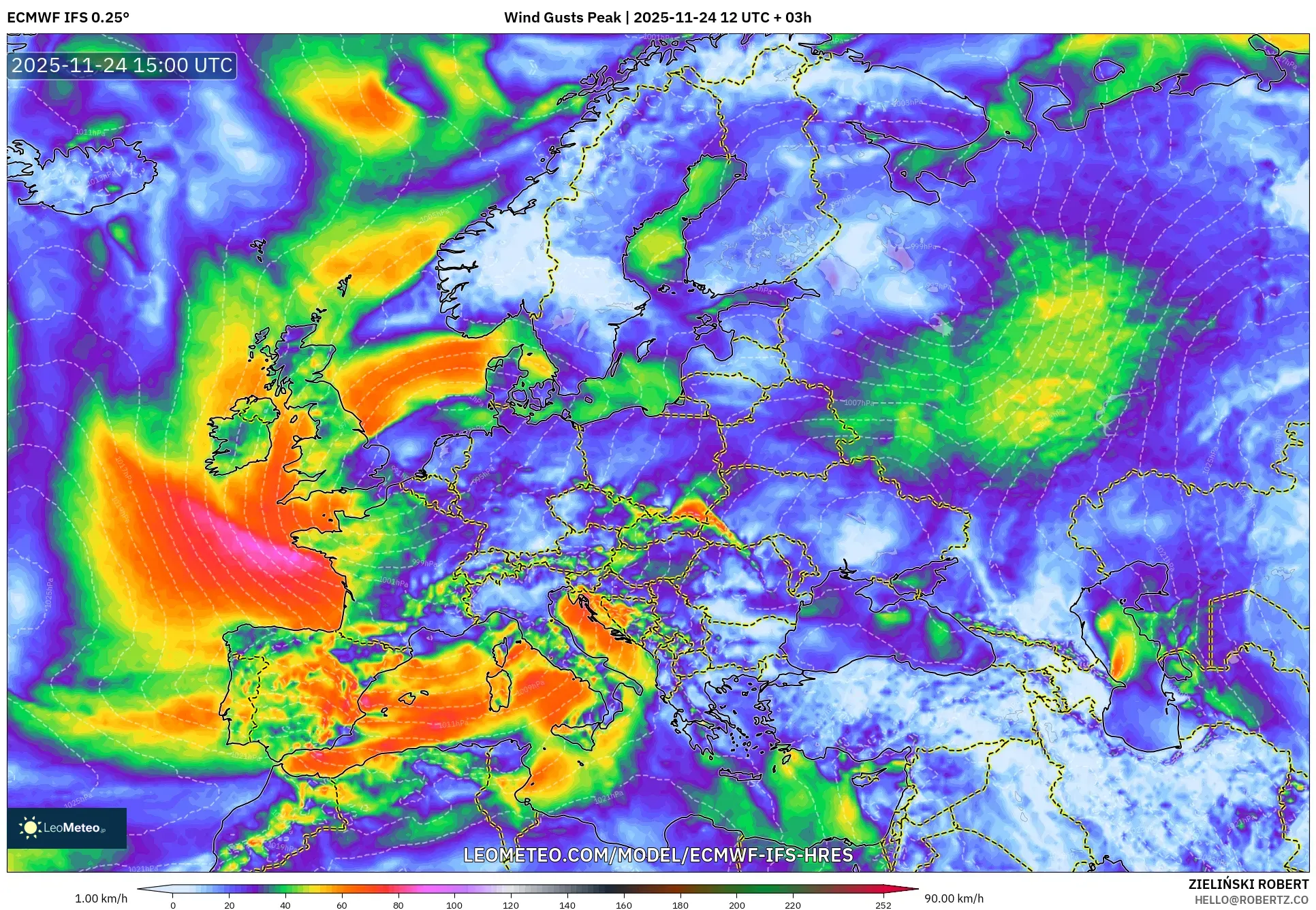 ECMWF IFS 0.25° model - Europe, Wind Gusts Peak