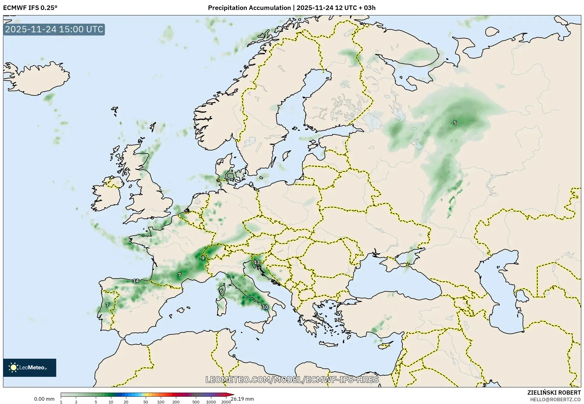 ECMWF IFS 0.25° model - Europe, Precipitation Accumulation