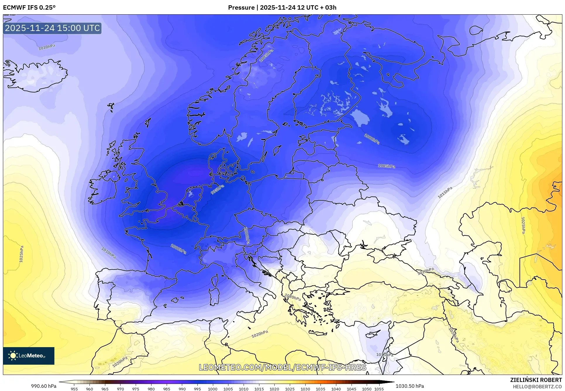 ECMWF IFS 0.25° model - Europe, Pressure