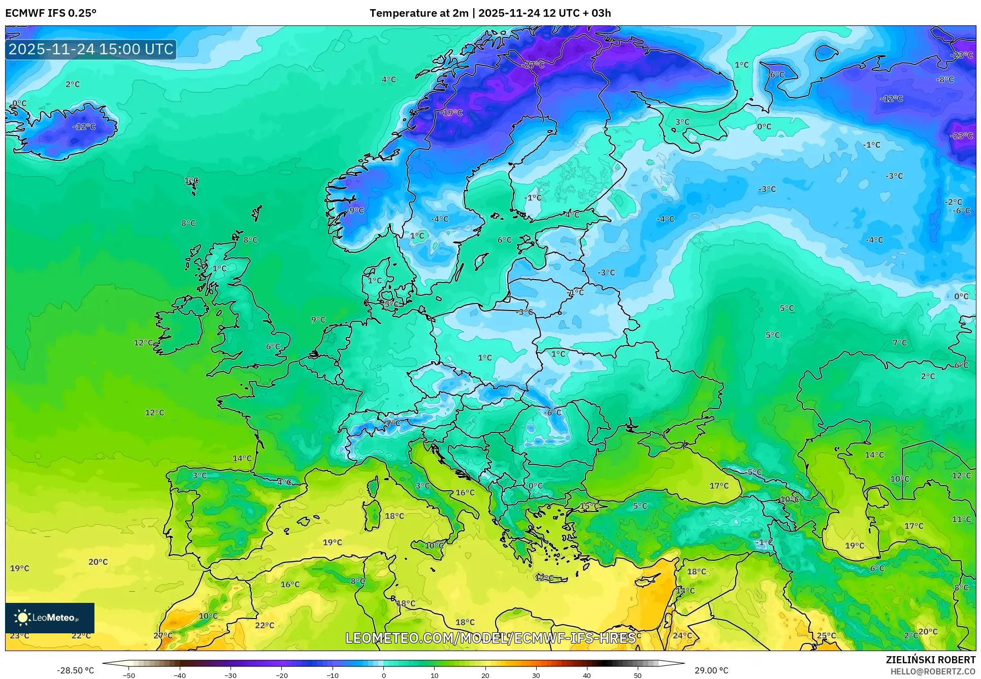 ECMWF IFS 0.25° model - Europe, Temperature at 2m
