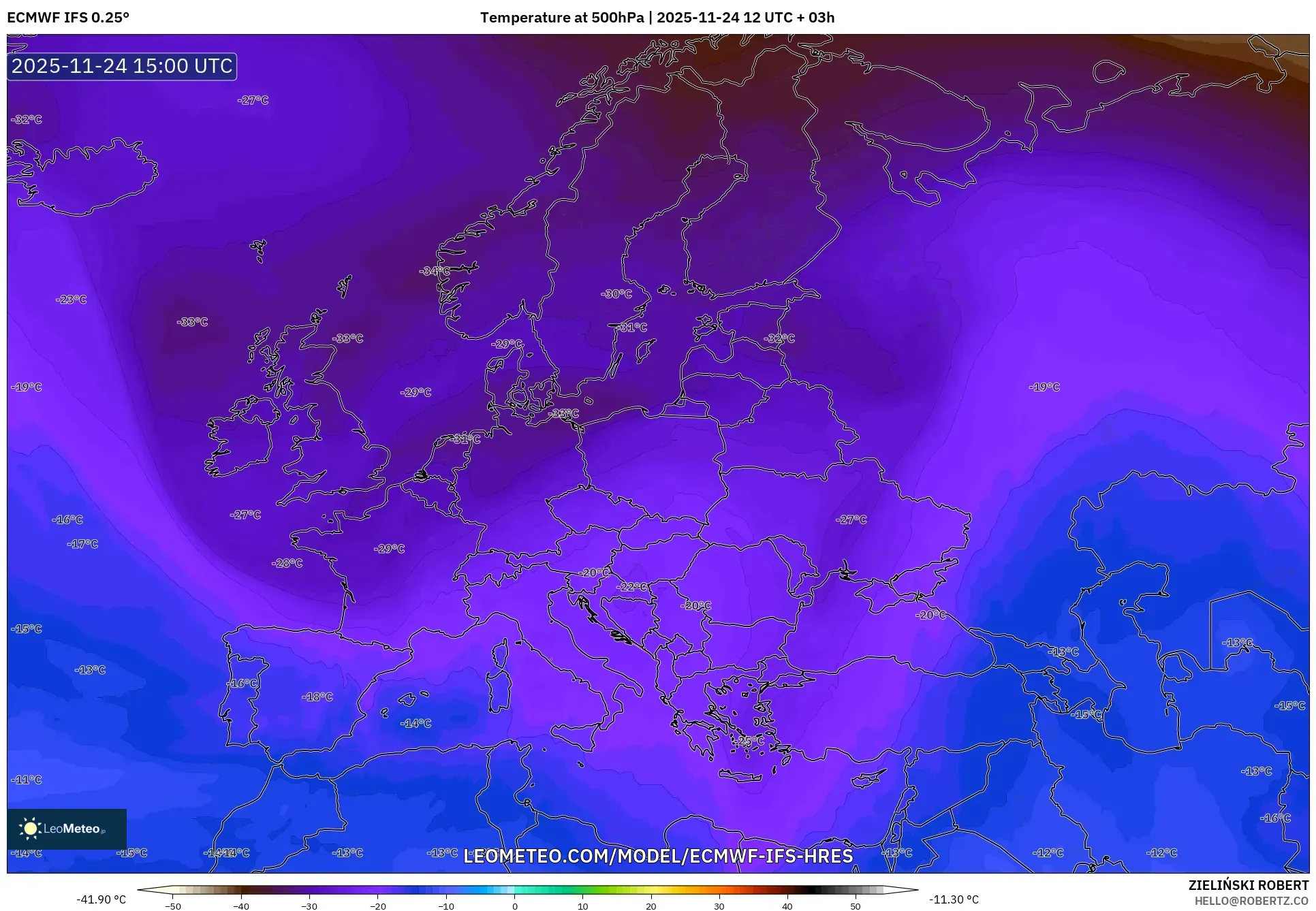 ECMWF IFS 0.25° model - Europe, Temperature at 500hPa