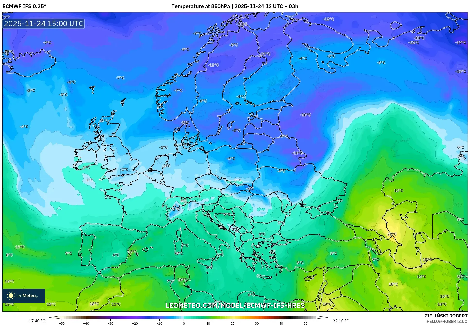ECMWF IFS 0.25° model - Europe, Temperature at 850hPa