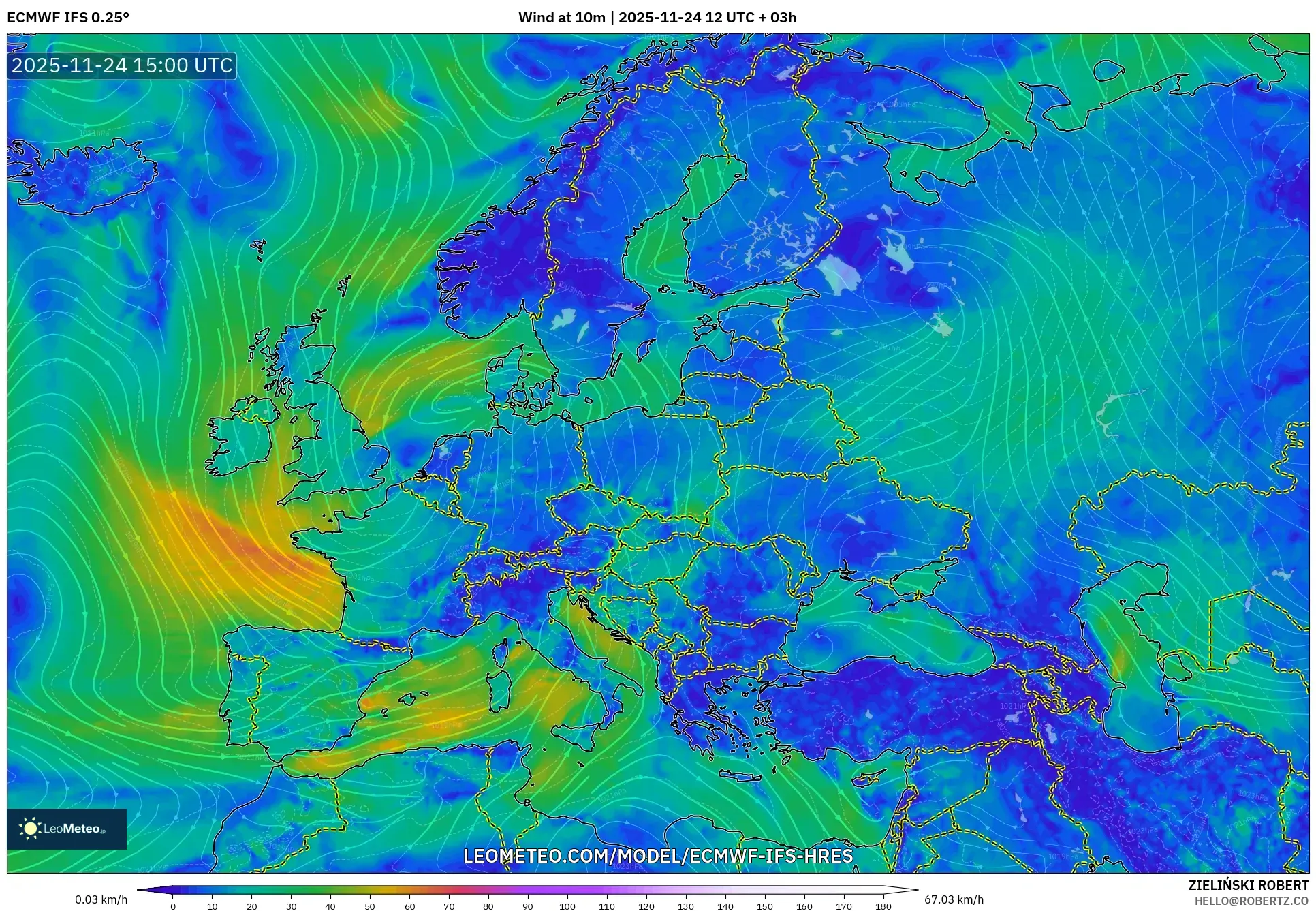 ECMWF IFS 0.25° model - Europe, Wind at 10m