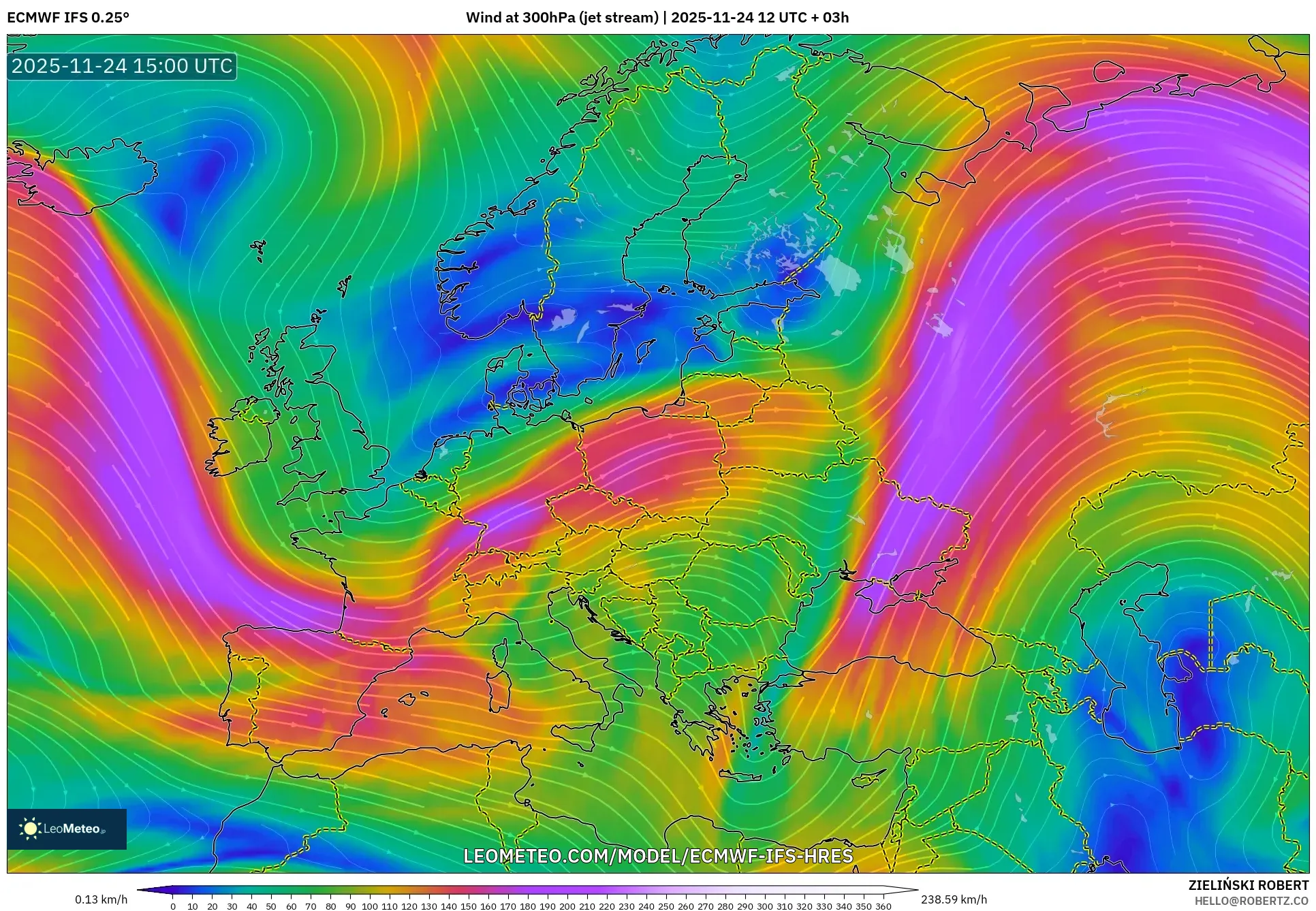 ECMWF IFS 0.25° model - Europe, Wind at 300hPa (jet stream)