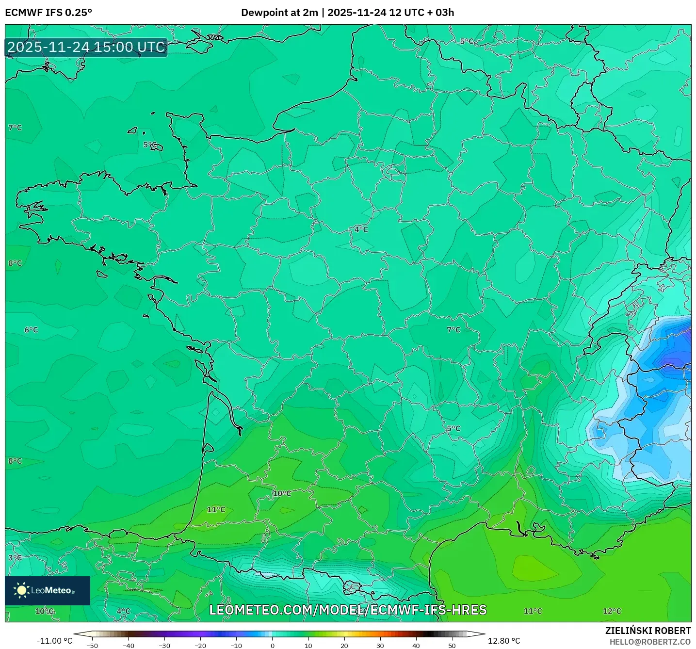 ECMWF IFS 0.25° model - France, Dewpoint at 2m