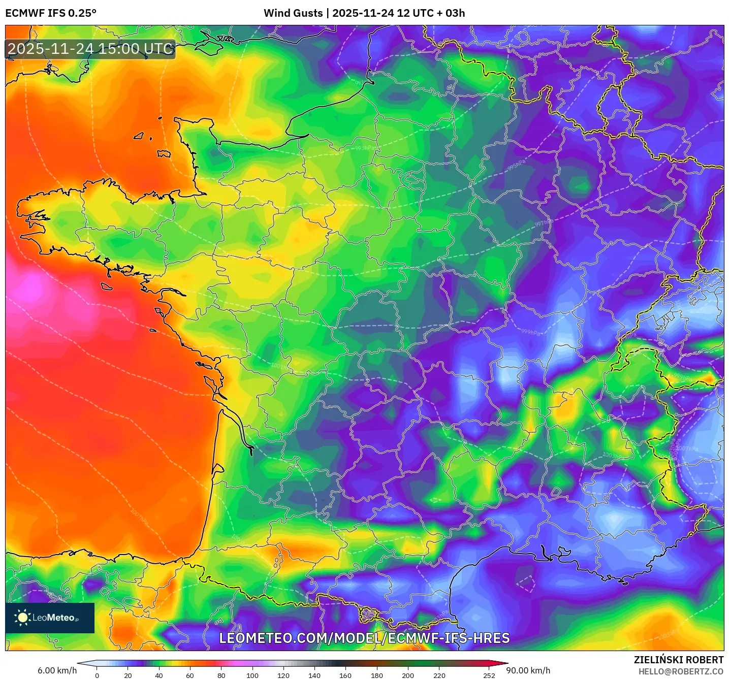 ECMWF IFS 0.25° model - France, Wind Gusts