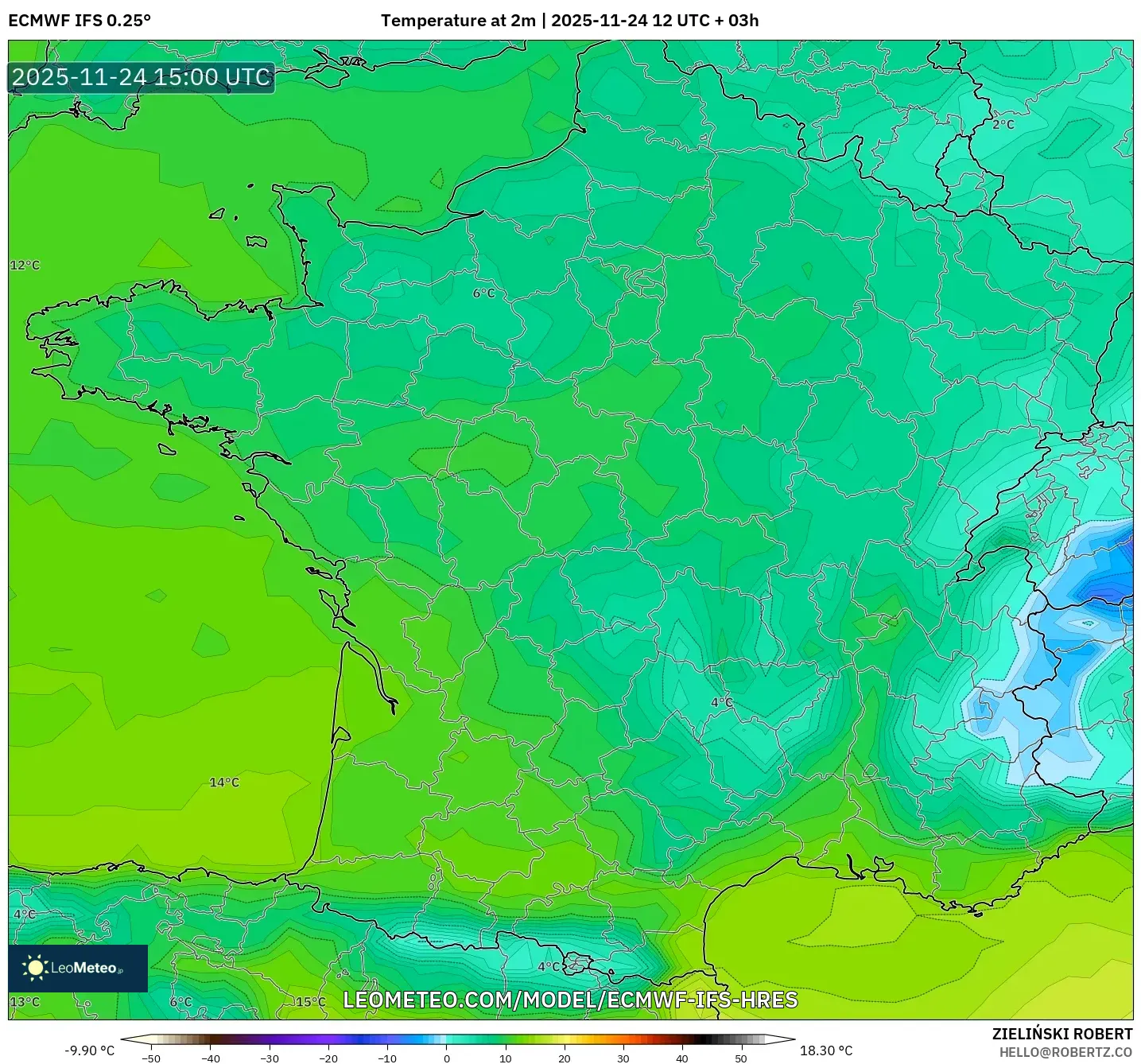ECMWF IFS 0.25° model - France, Temperature at 2m