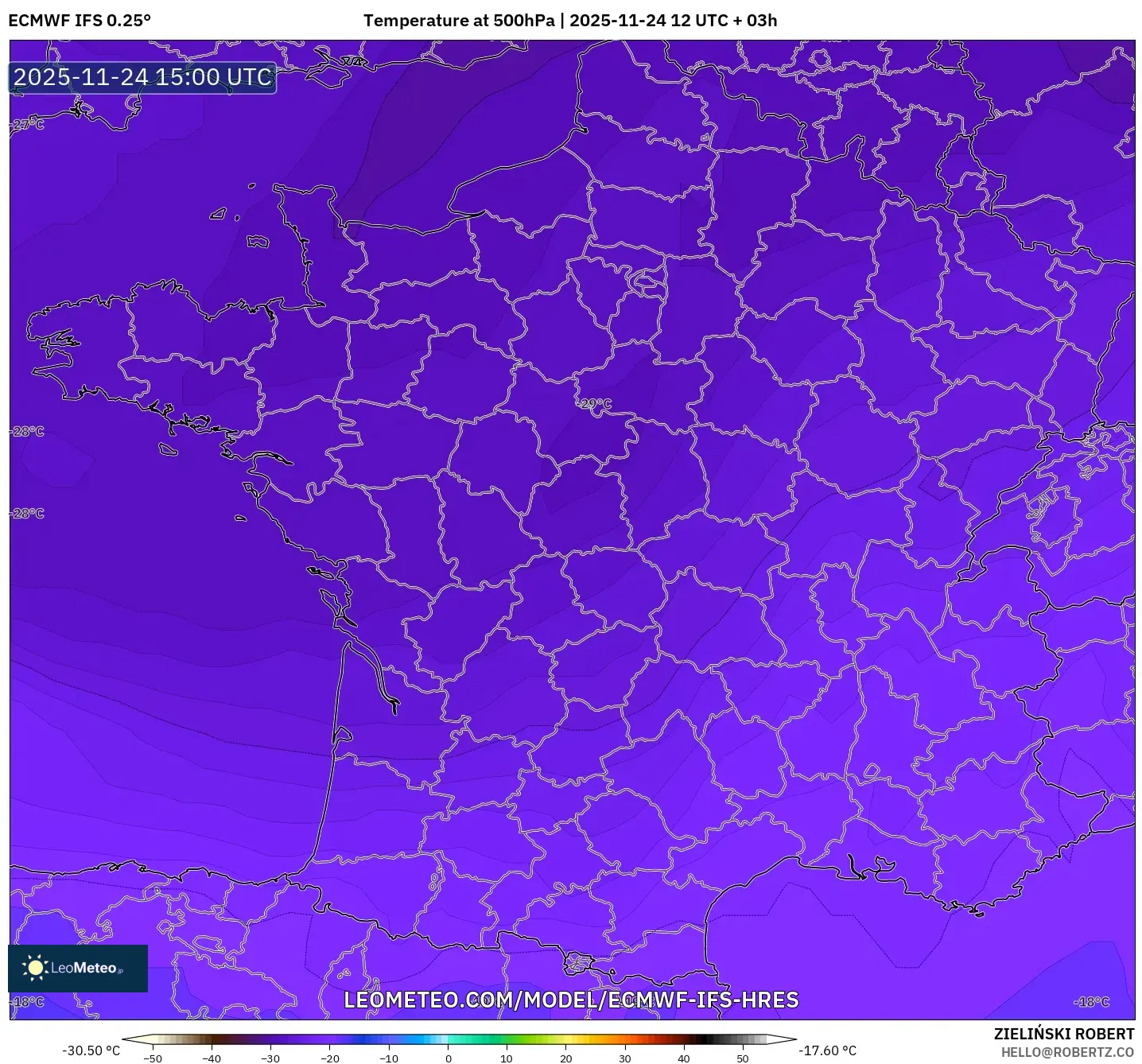 ECMWF IFS 0.25° model - France, Temperature at 500hPa