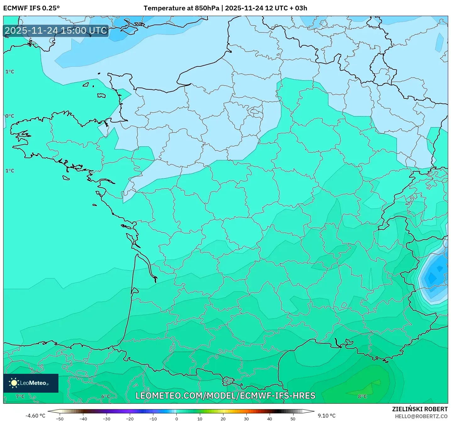 ECMWF IFS 0.25° model - France, Temperature at 850hPa