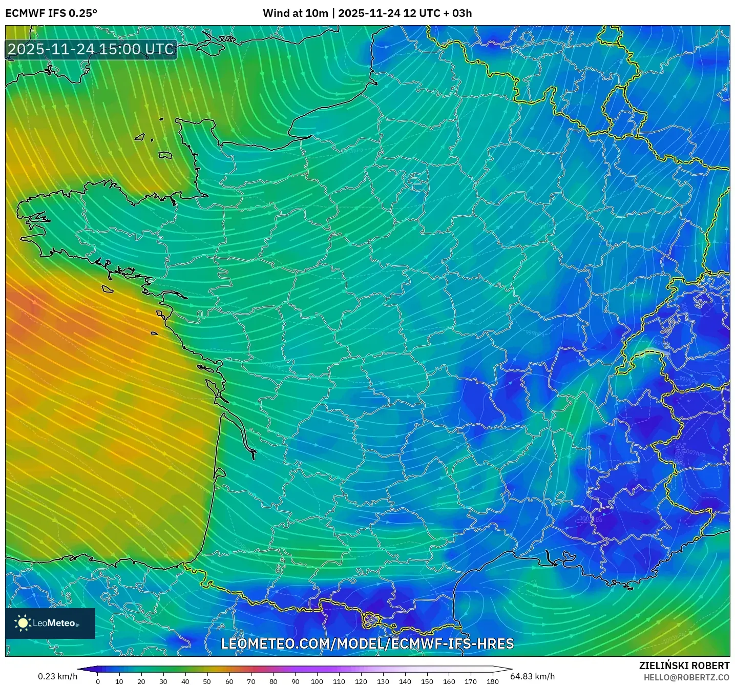 ECMWF IFS 0.25° model - France, Wind at 10m
