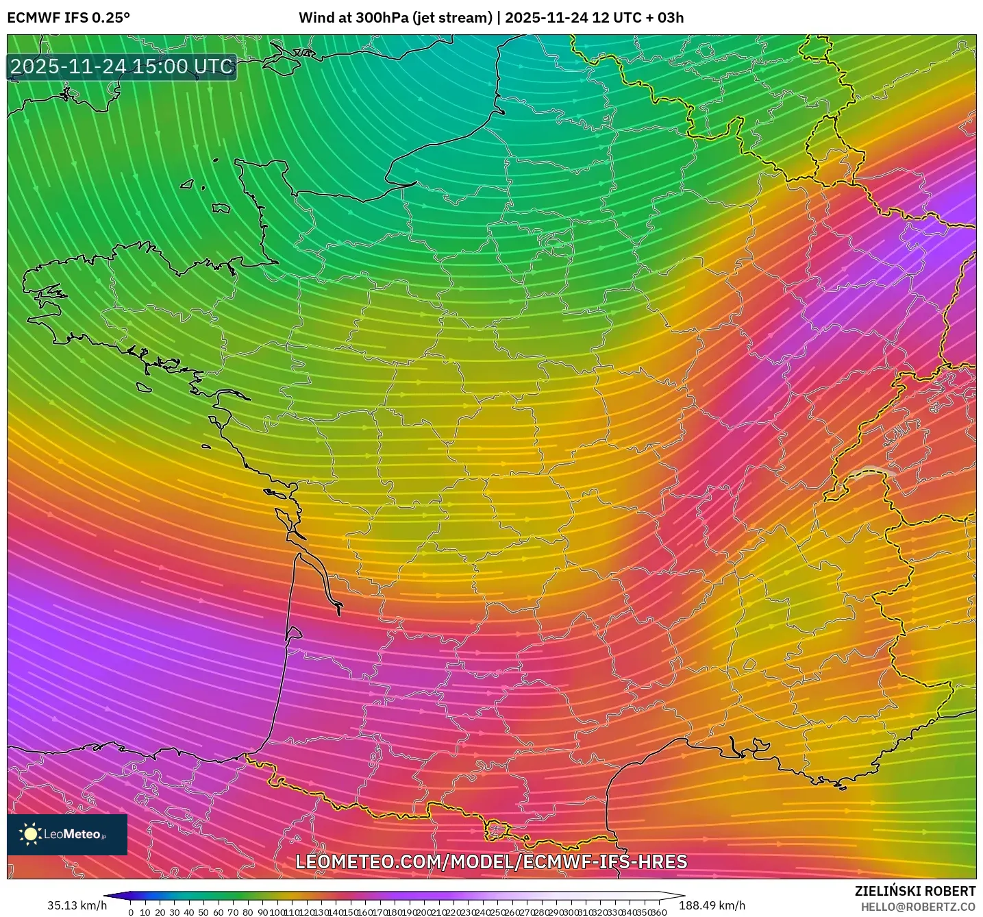 ECMWF IFS 0.25° model - France, Wind at 300hPa (jet stream)