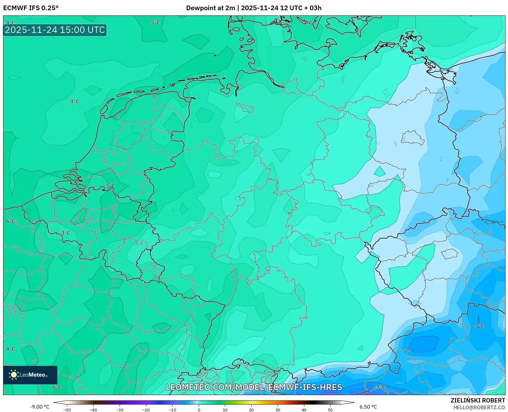 ECMWF IFS 0.25° model - Germany, Dewpoint at 2m
