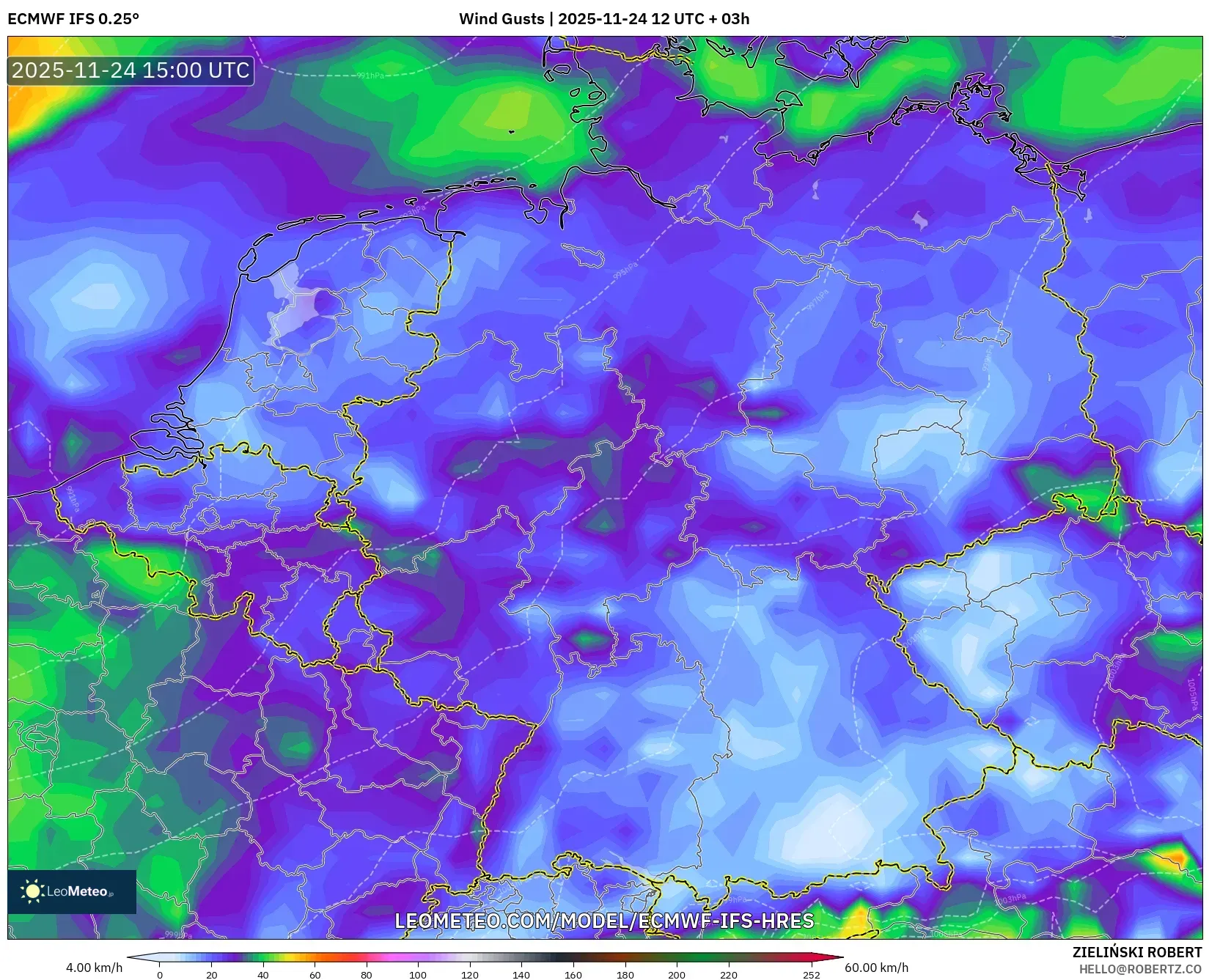 ECMWF IFS 0.25° model - Germany, Wind Gusts