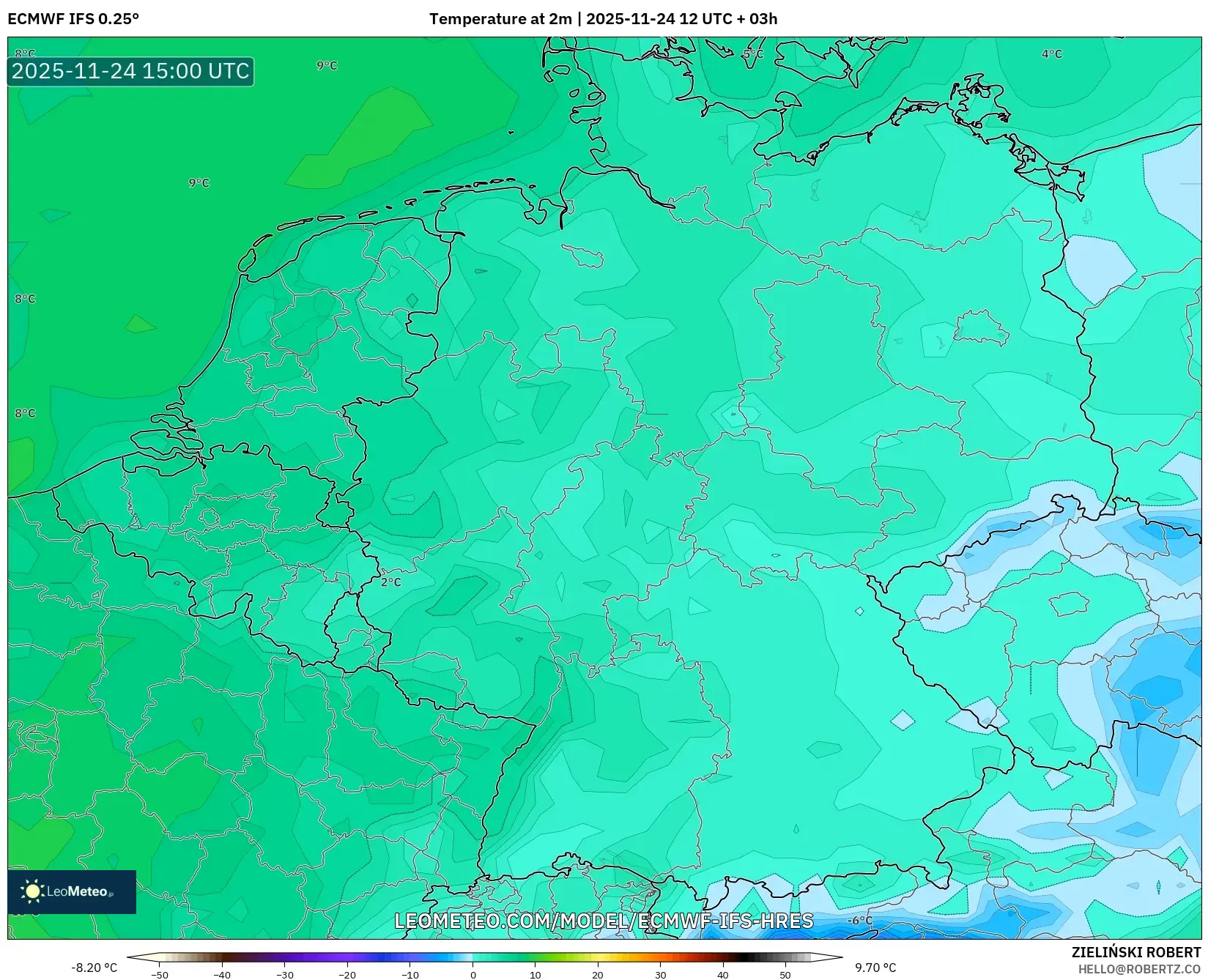 ECMWF IFS 0.25° model - Germany, Temperature at 2m