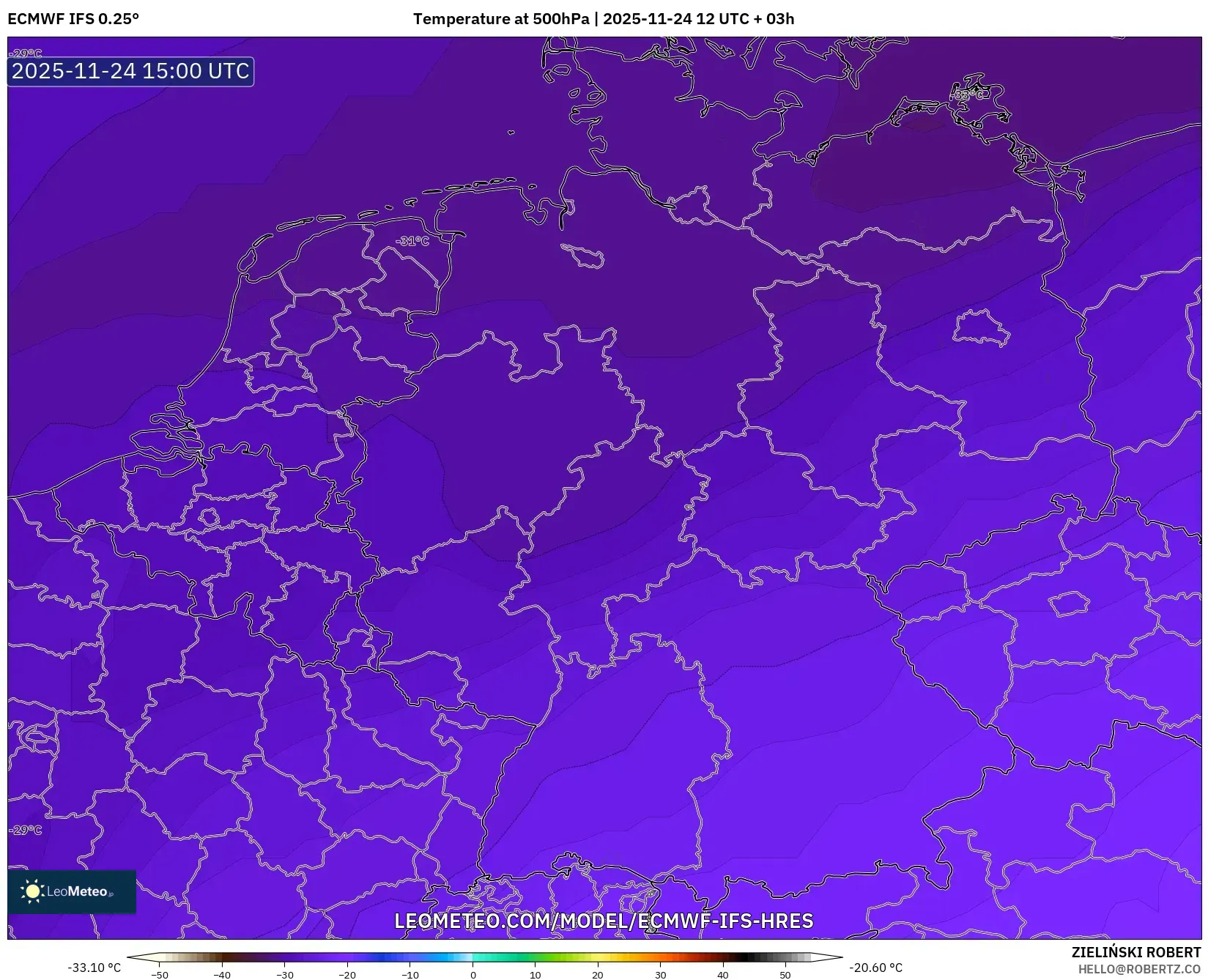 ECMWF IFS 0.25° model - Germany, Temperature at 500hPa