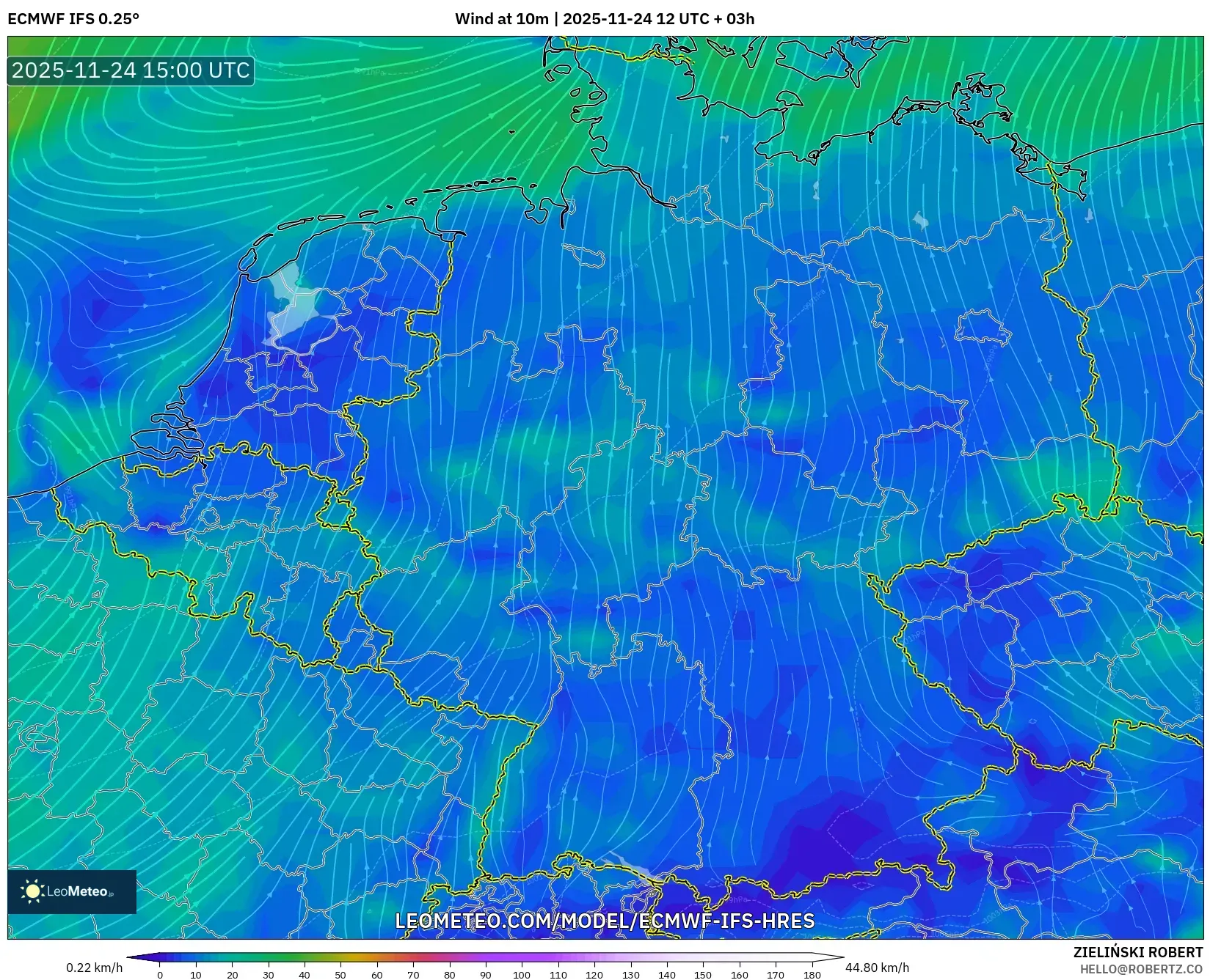 ECMWF IFS 0.25° model - Germany, Wind at 10m