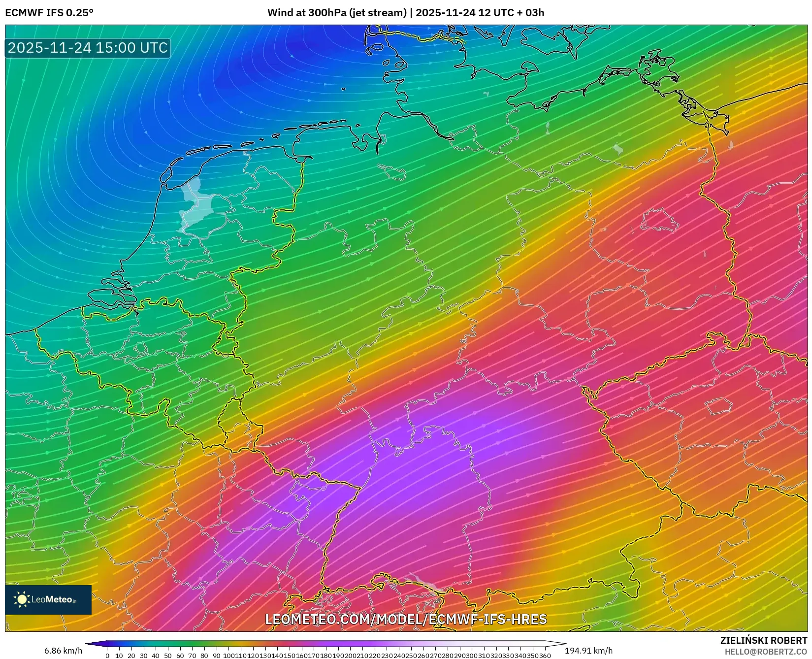 ECMWF IFS 0.25° model - Germany, Wind at 300hPa (jet stream)