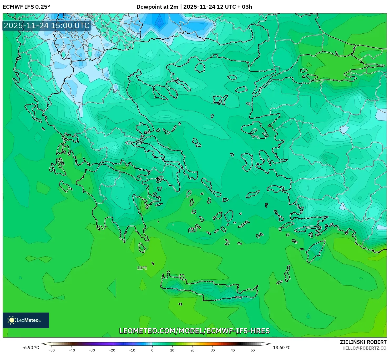 ECMWF IFS 0.25° model - Greece, Dewpoint at 2m