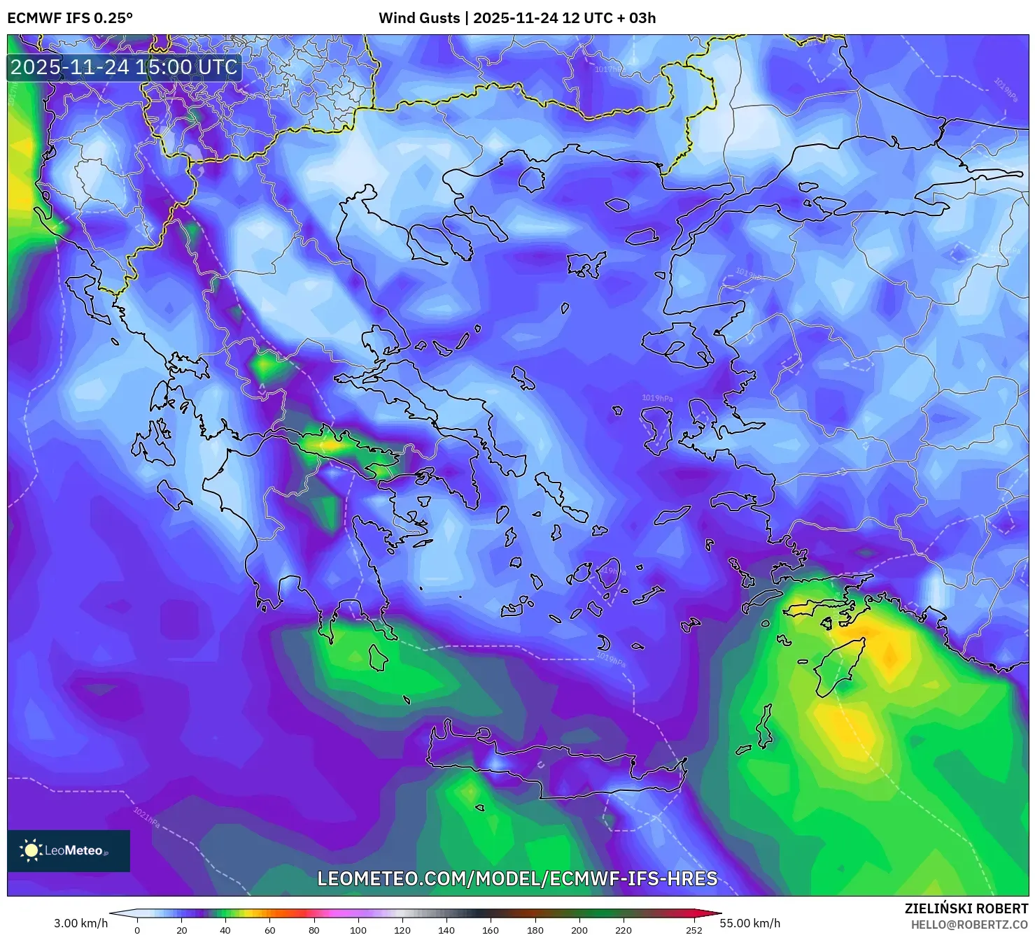 ECMWF IFS 0.25° model - Greece, Wind Gusts