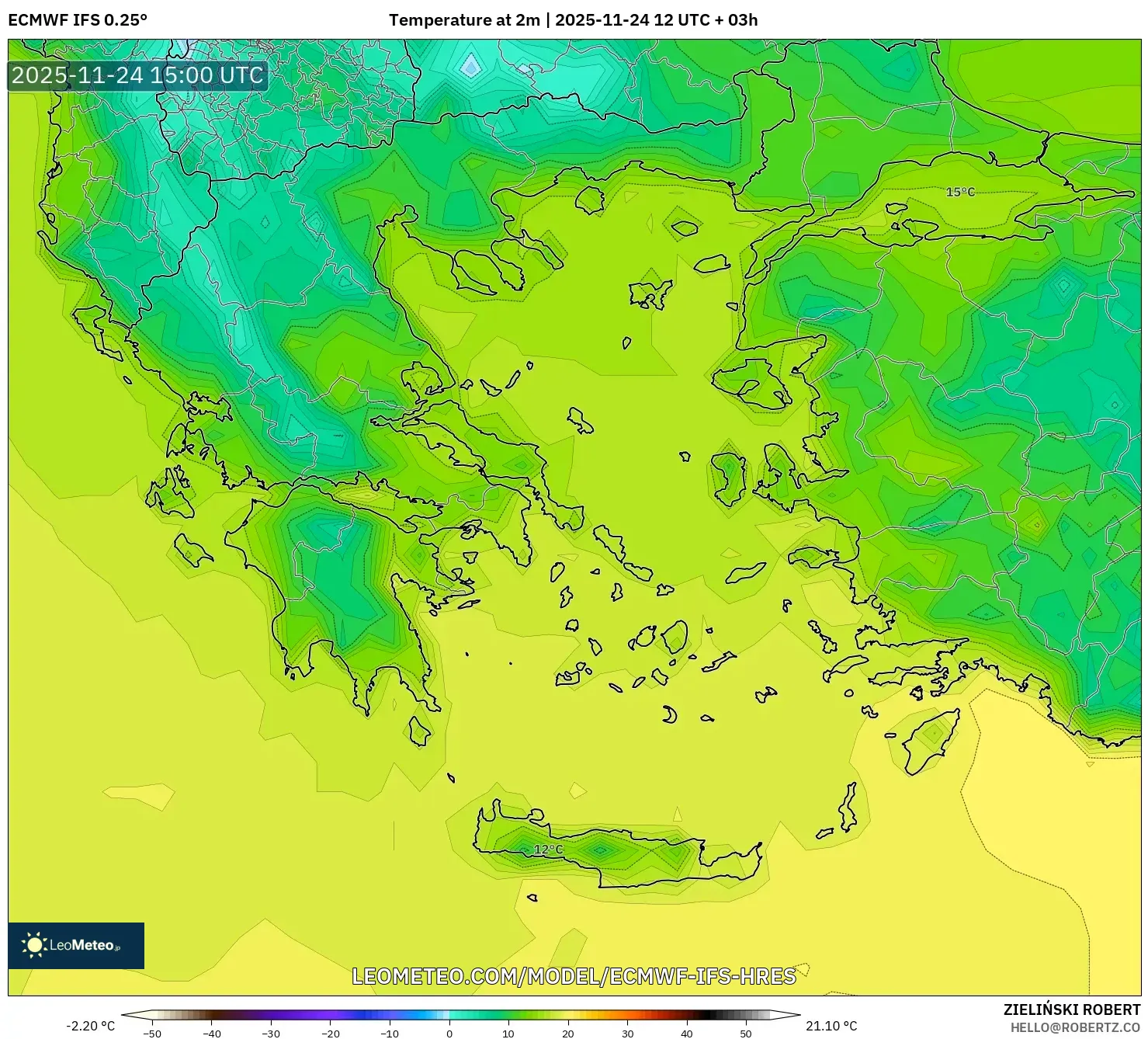 ECMWF IFS 0.25° model - Greece, Temperature at 2m