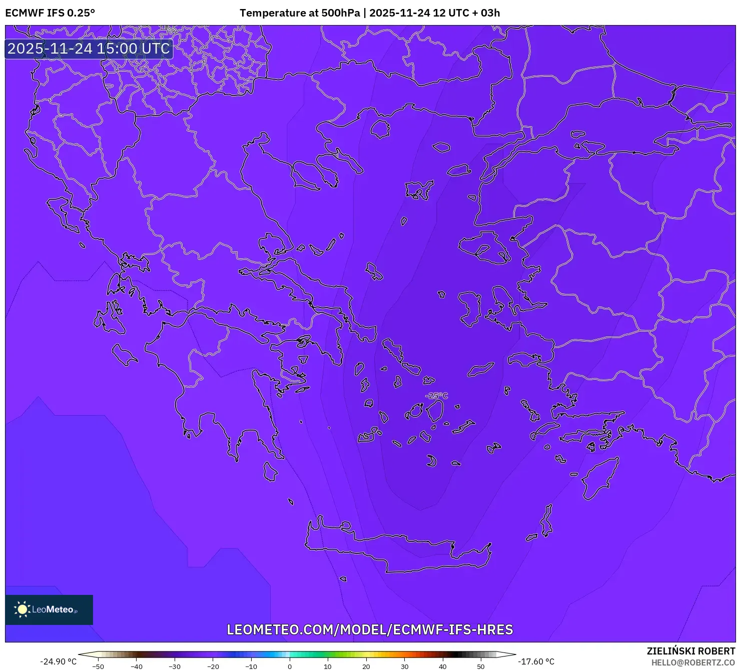 ECMWF IFS 0.25° model - Greece, Temperature at 500hPa