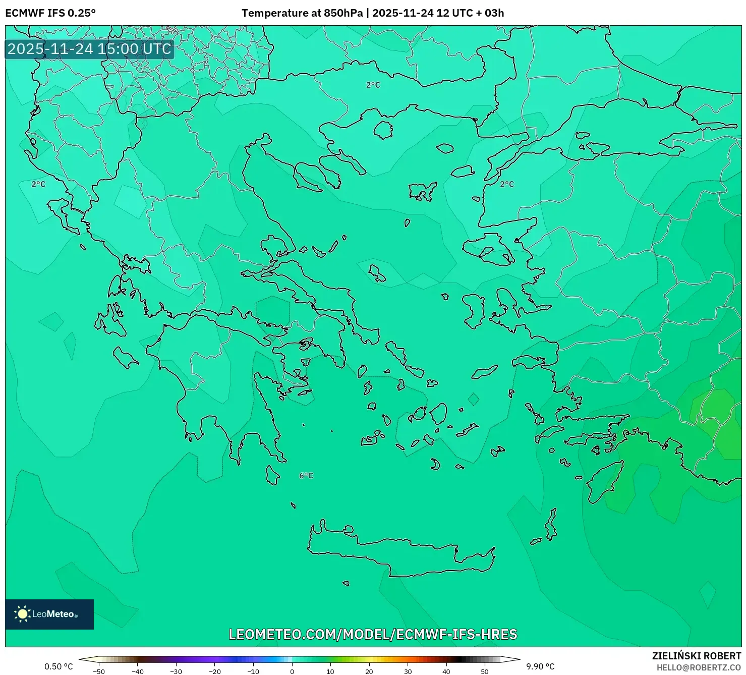 ECMWF IFS 0.25° model - Greece, Temperature at 850hPa