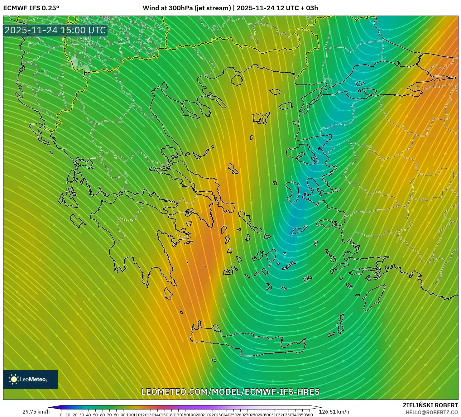 ECMWF IFS 0.25° model - Greece, Wind at 300hPa (jet stream)