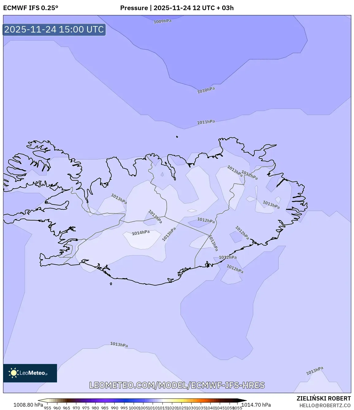 ECMWF IFS 0.25° model - Iceland, Pressure