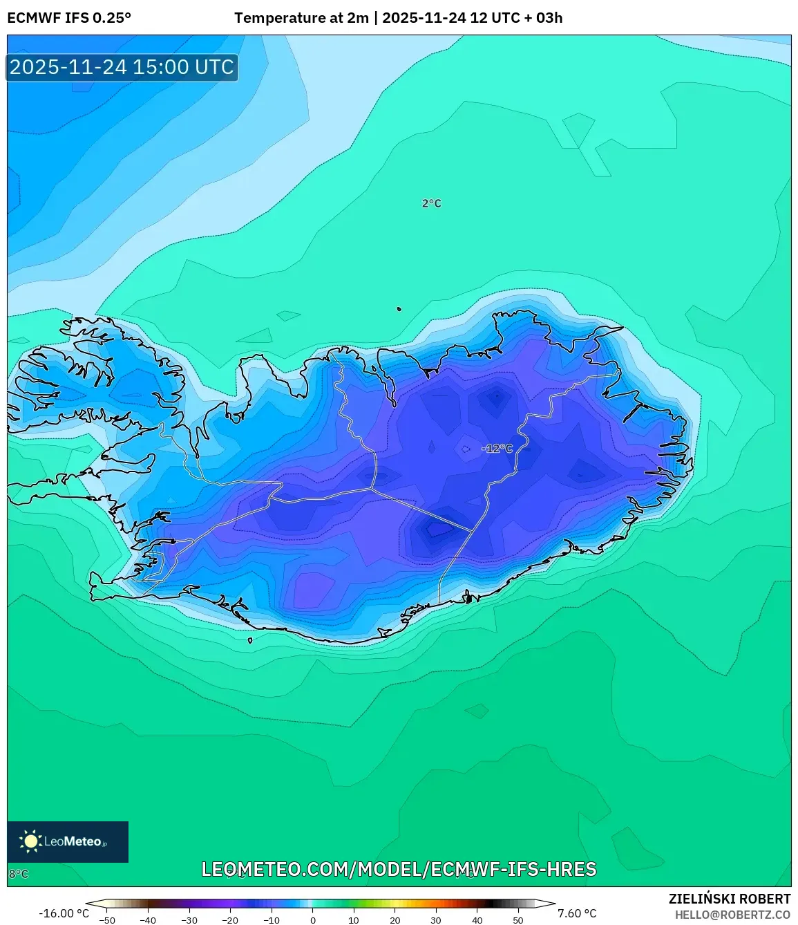 ECMWF IFS 0.25° model - Iceland, Temperature at 2m