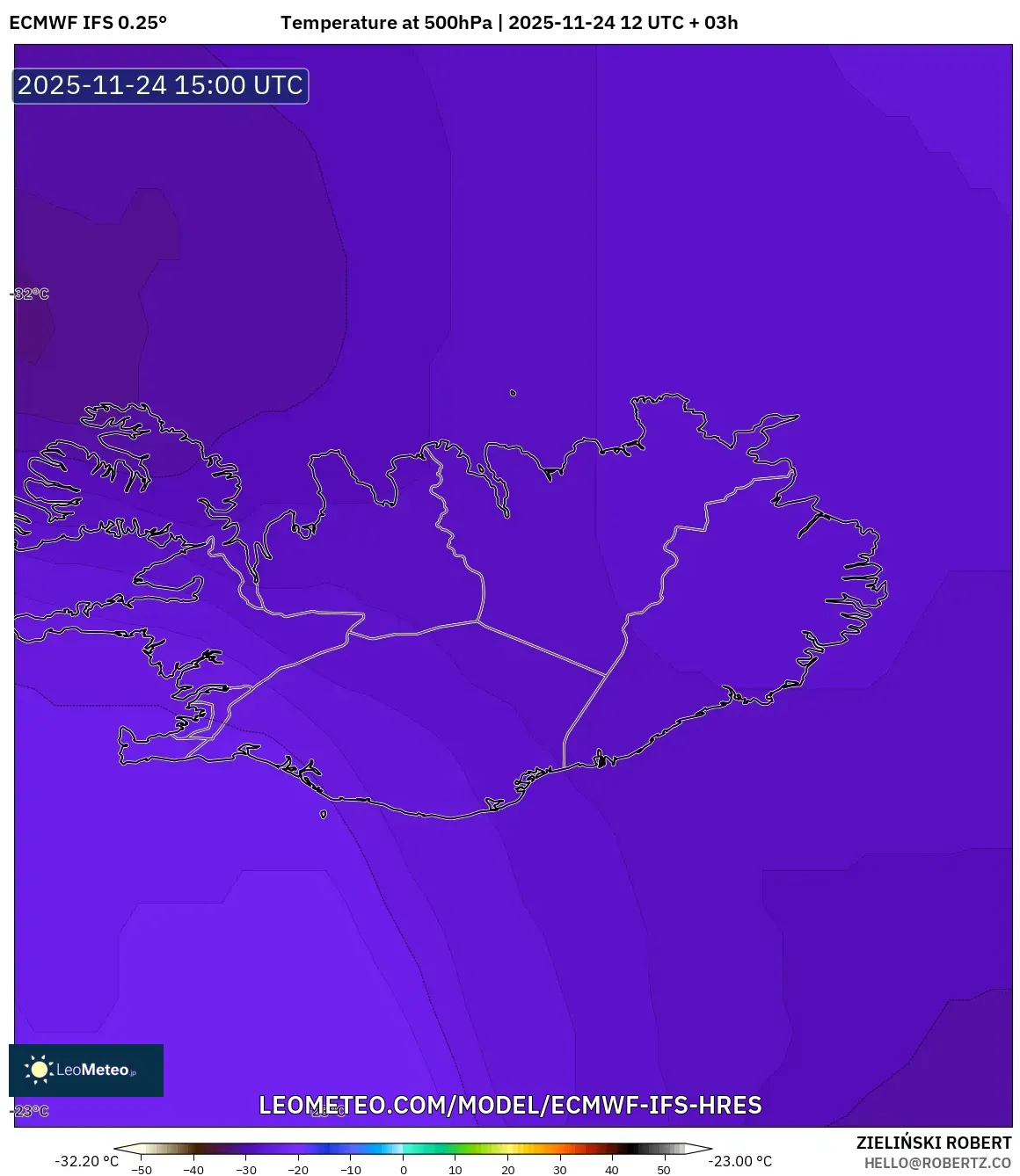 ECMWF IFS 0.25° model - Iceland, Temperature at 500hPa