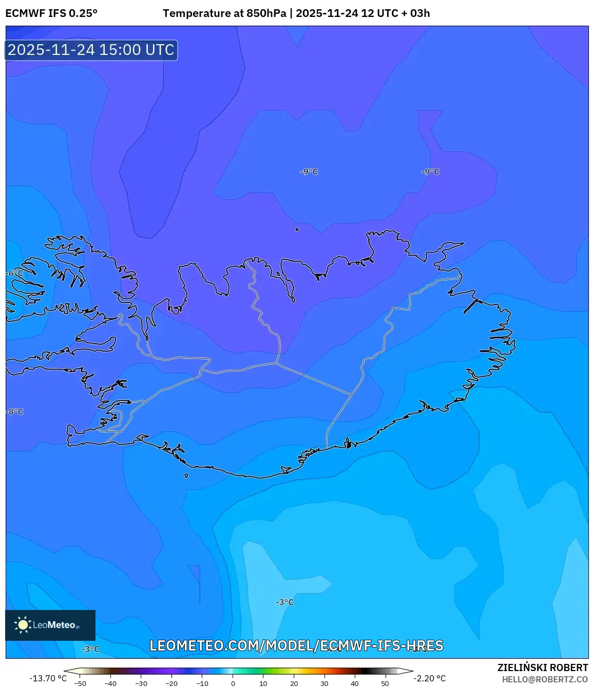 ECMWF IFS 0.25° model - Iceland, Temperature at 850hPa