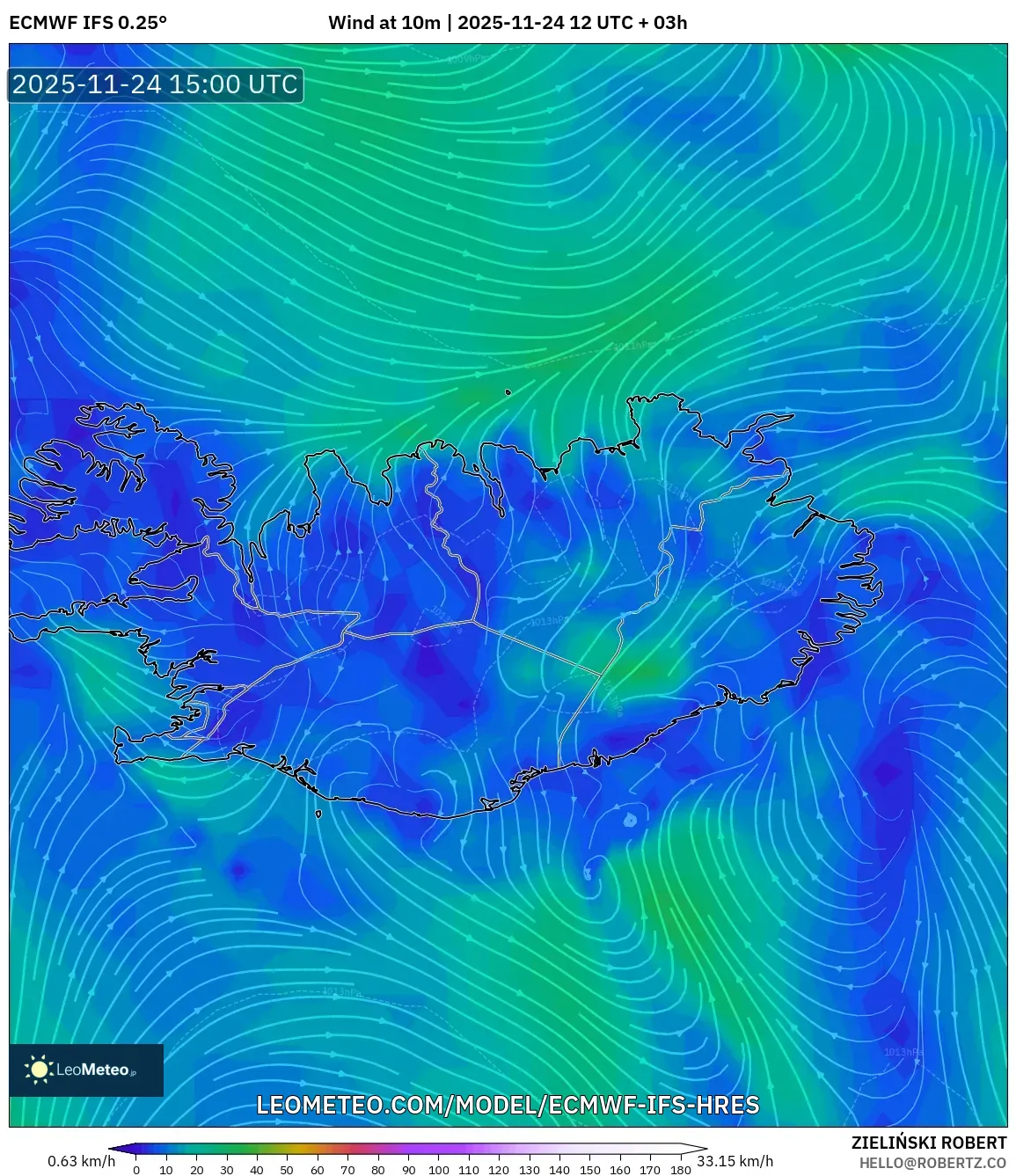 ECMWF IFS 0.25° model - Iceland, Wind at 10m