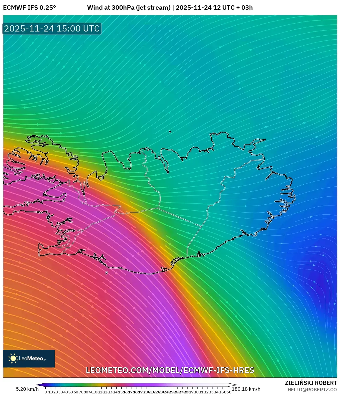 ECMWF IFS 0.25° model - Iceland, Wind at 300hPa (jet stream)