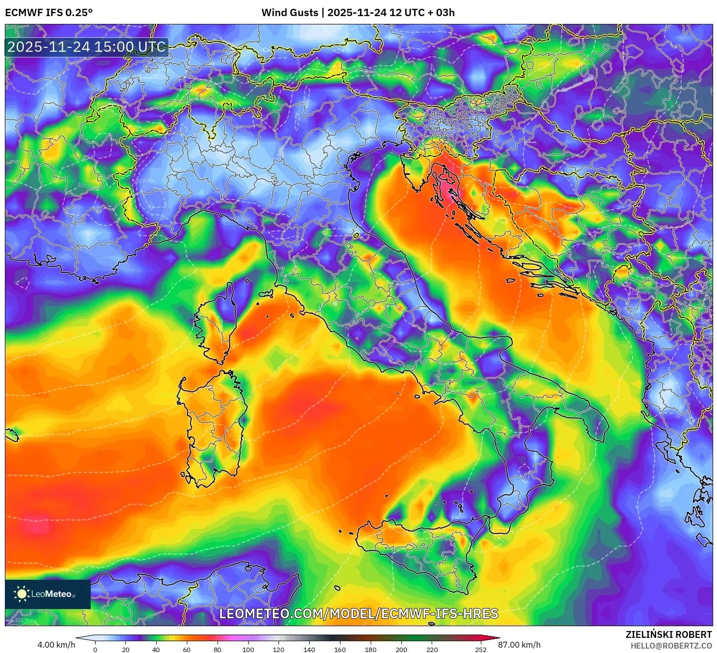 ECMWF IFS 0.25° model - Italy, Wind Gusts