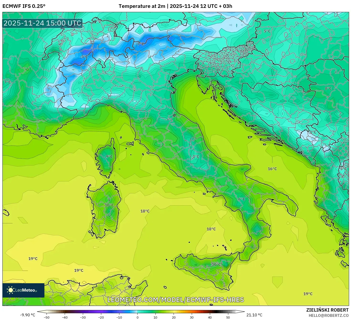 ECMWF IFS 0.25° model - Italy, Temperature at 2m