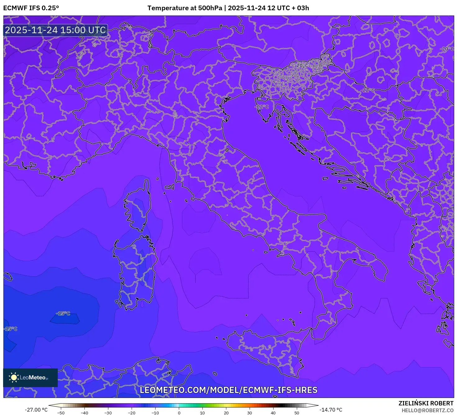 ECMWF IFS 0.25° model - Italy, Temperature at 500hPa