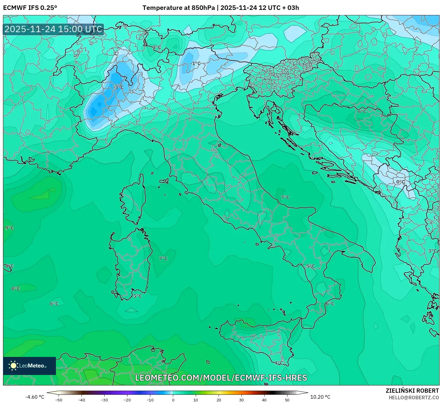 ECMWF IFS 0.25° model - Italy, Temperature at 850hPa