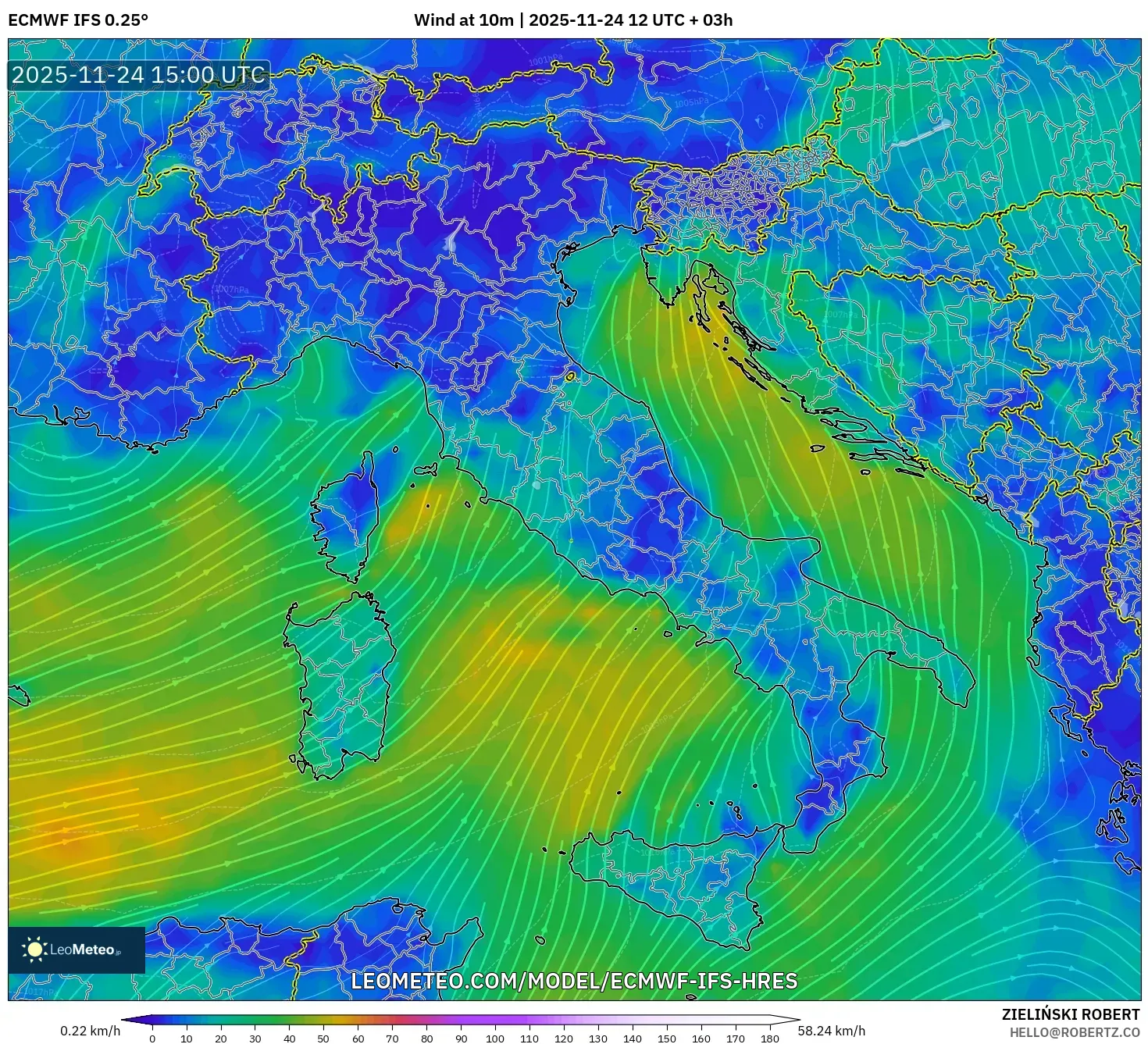 ECMWF IFS 0.25° model - Italy, Wind at 10m