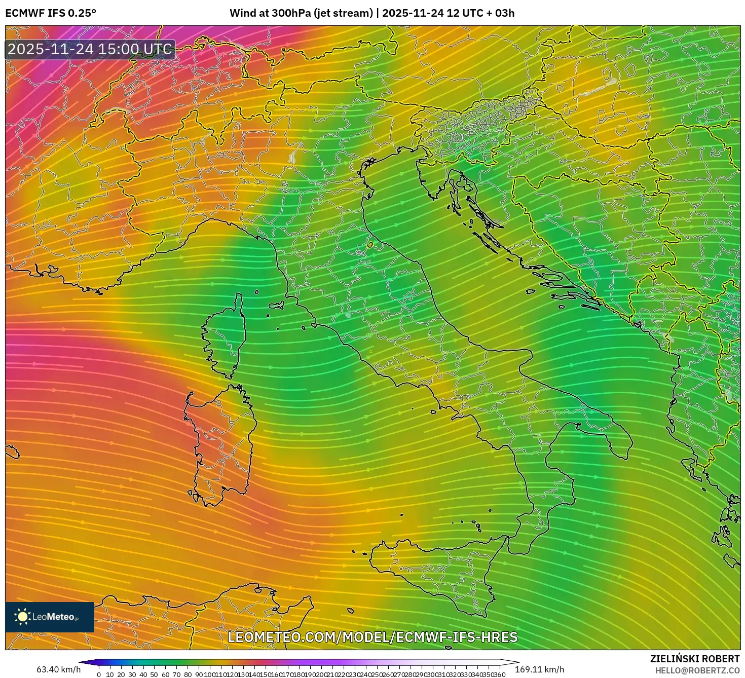 ECMWF IFS 0.25° model - Italy, Wind at 300hPa (jet stream)