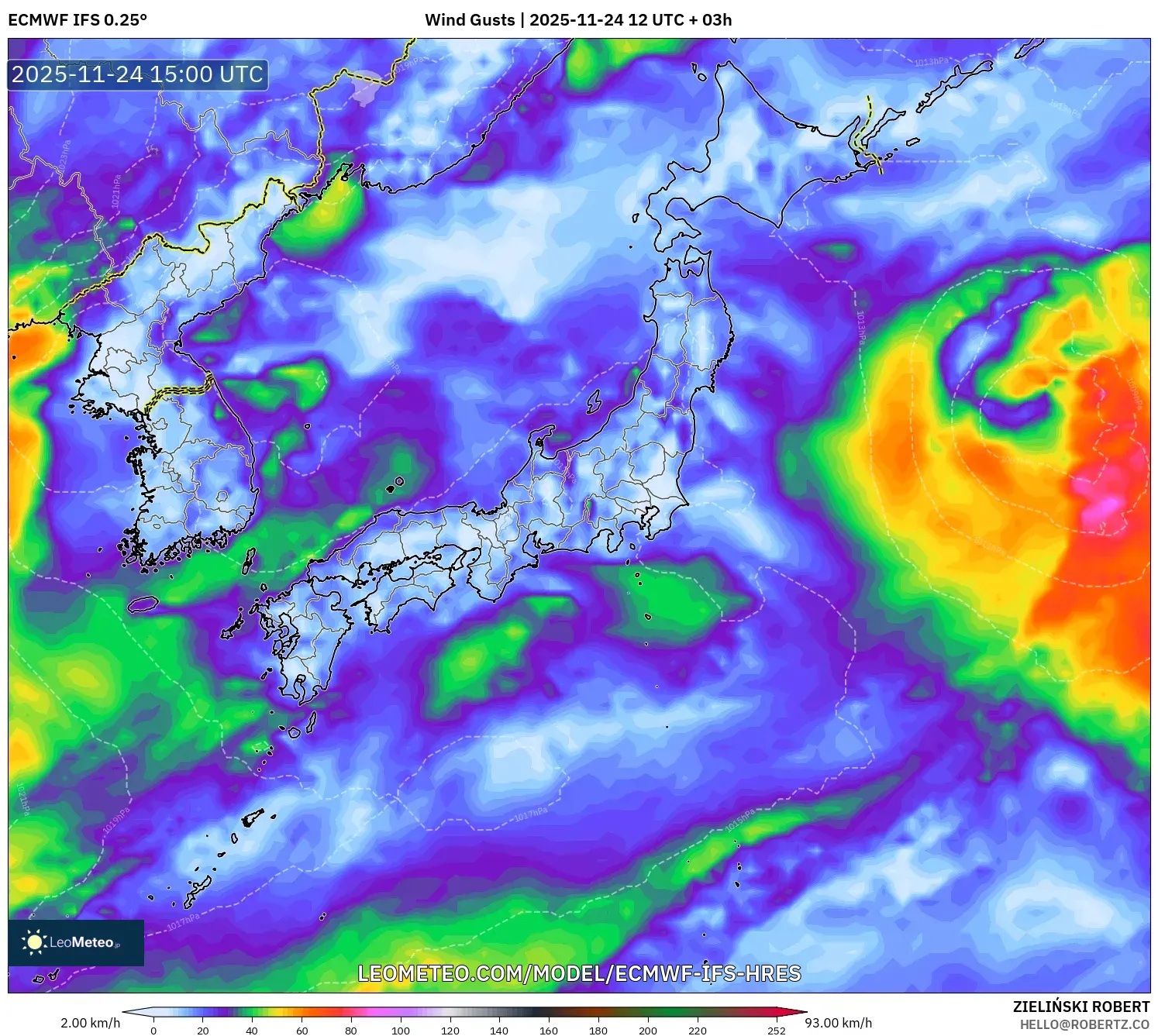 ECMWF IFS 0.25° model - Japan, Wind Gusts