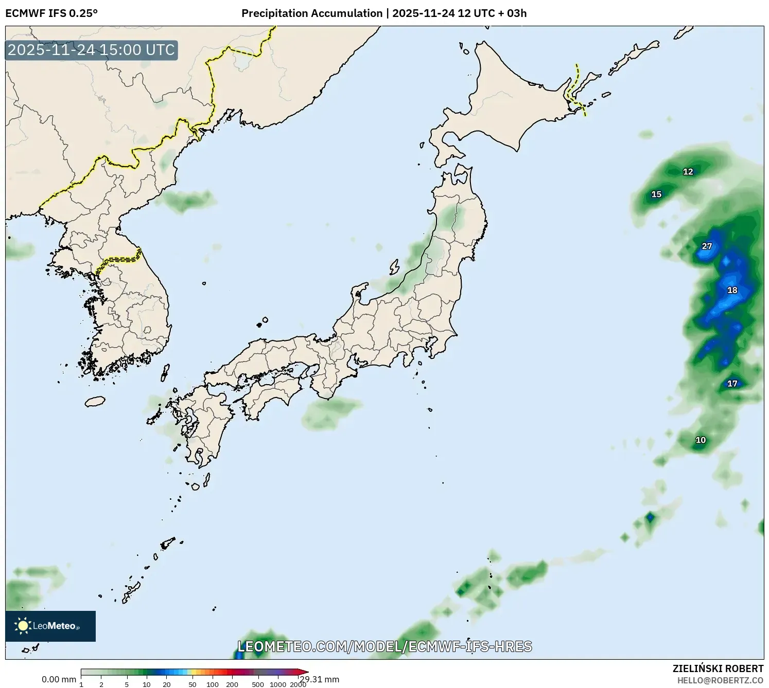 ECMWF IFS 0.25° model - Japan, Precipitation Accumulation