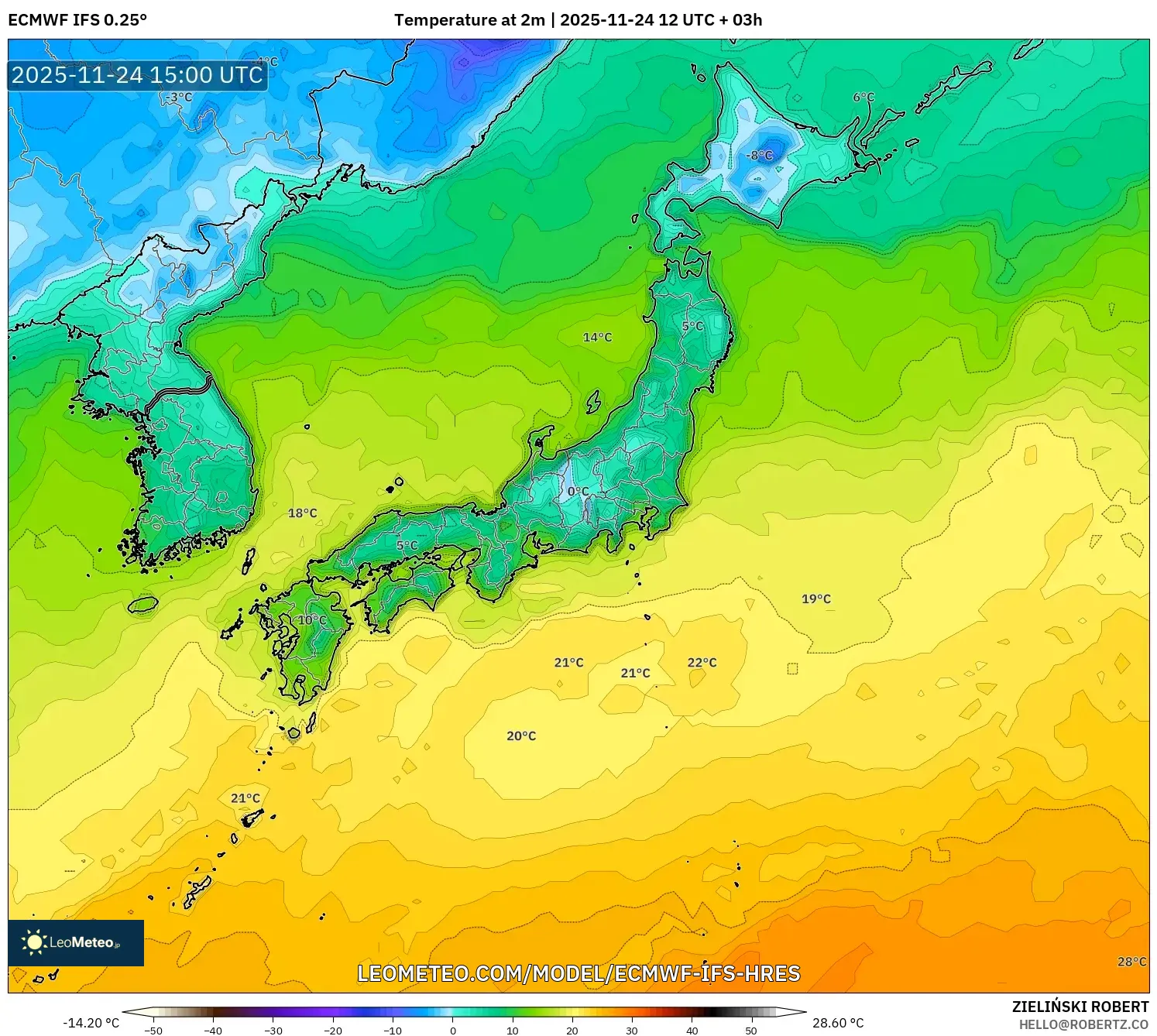ECMWF IFS 0.25° model - Japan, Temperature at 2m