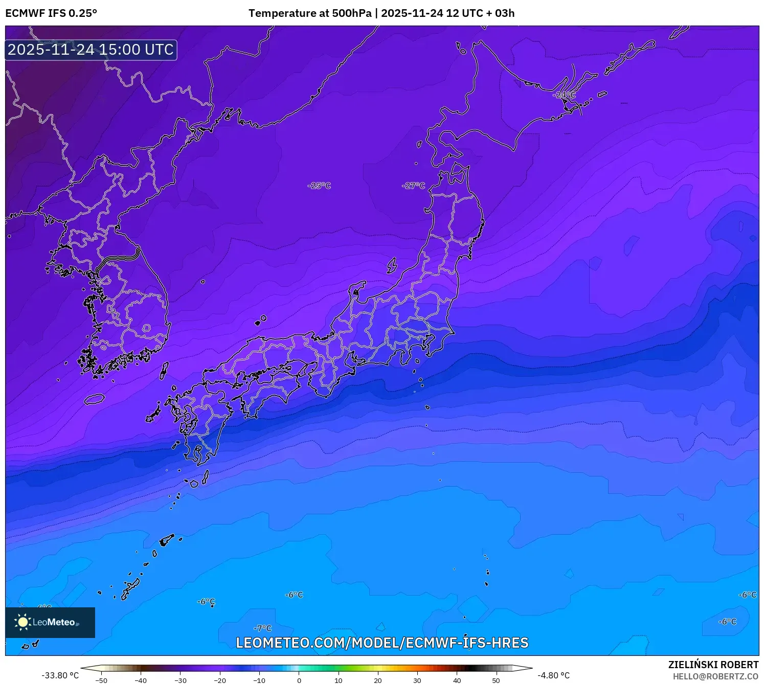 ECMWF IFS 0.25° model - Japan, Temperature at 500hPa