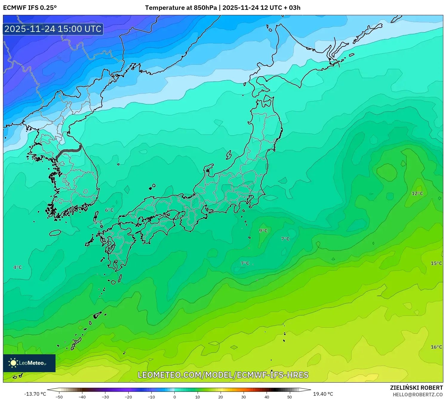 ECMWF IFS 0.25° model - Japan, Temperature at 850hPa