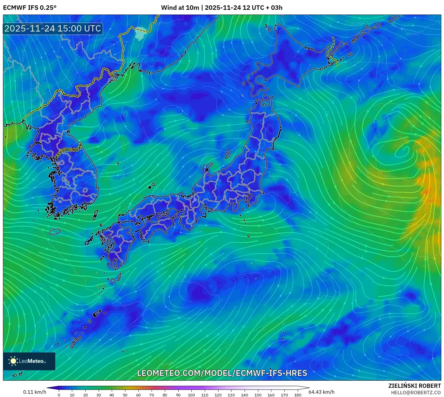 ECMWF IFS 0.25° model - Japan, Wind at 10m