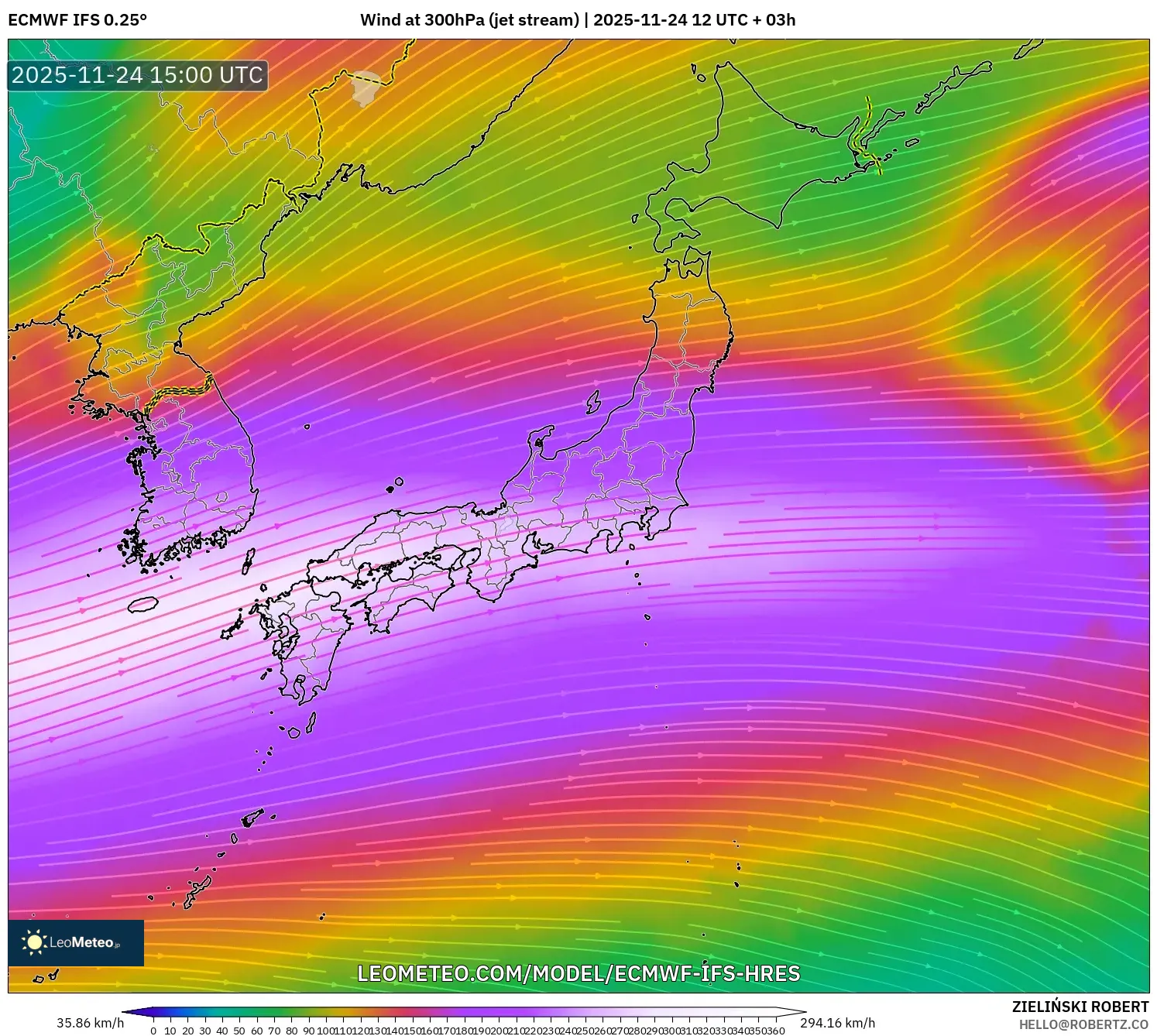 ECMWF IFS 0.25° model - Japan, Wind at 300hPa (jet stream)