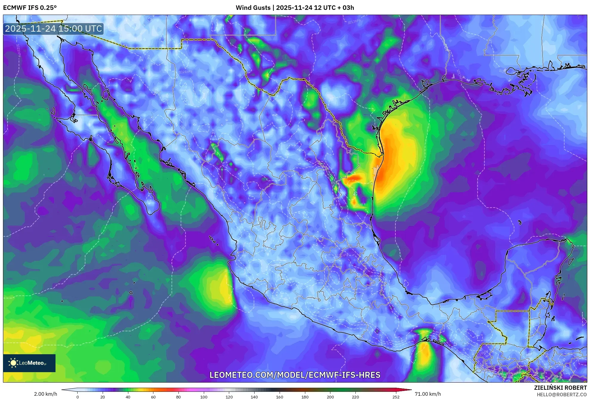 ECMWF IFS 0.25° model - Mexico, Wind Gusts